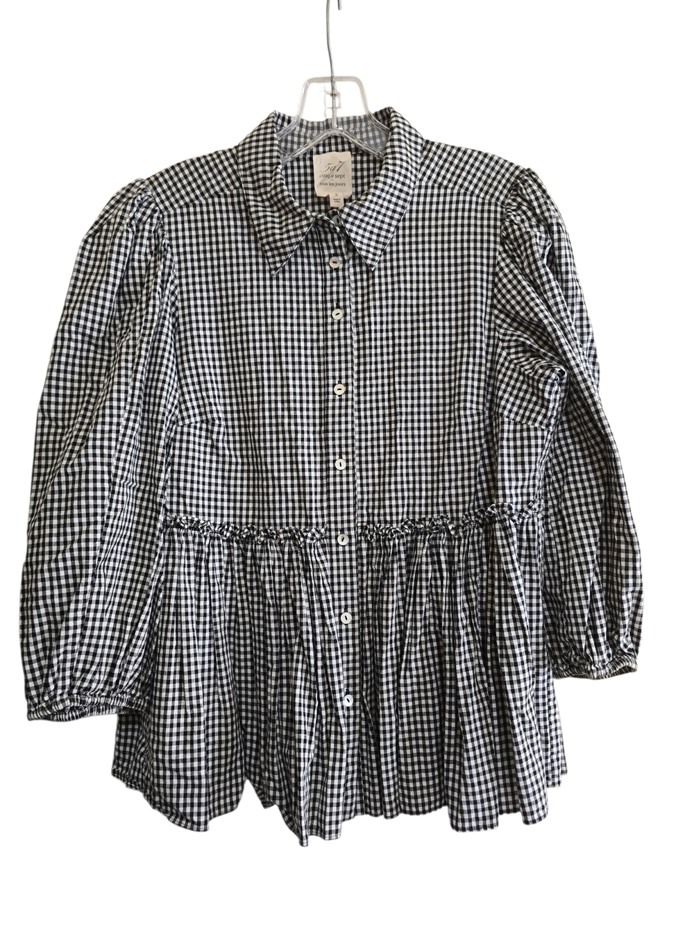 Cinq A Sept Gingham Peplam Button Up Shirt Small Black White - Picture 3 of 8
